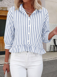 PRETTYGARDEN Collared V Neck 3/4 Length Sleeve Womens Tops Casual Striped Ruffle Button Down Shirts for Women Trendy Blouses PRETTYGARDEN