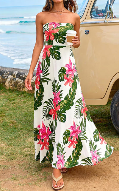 PRETTYGARDEN Sleeveless Floral Summer Maxi Dresses for Women Tube Top Flowy Long Dress Tropical Beach Vacation Clothes PRETTYGARDEN