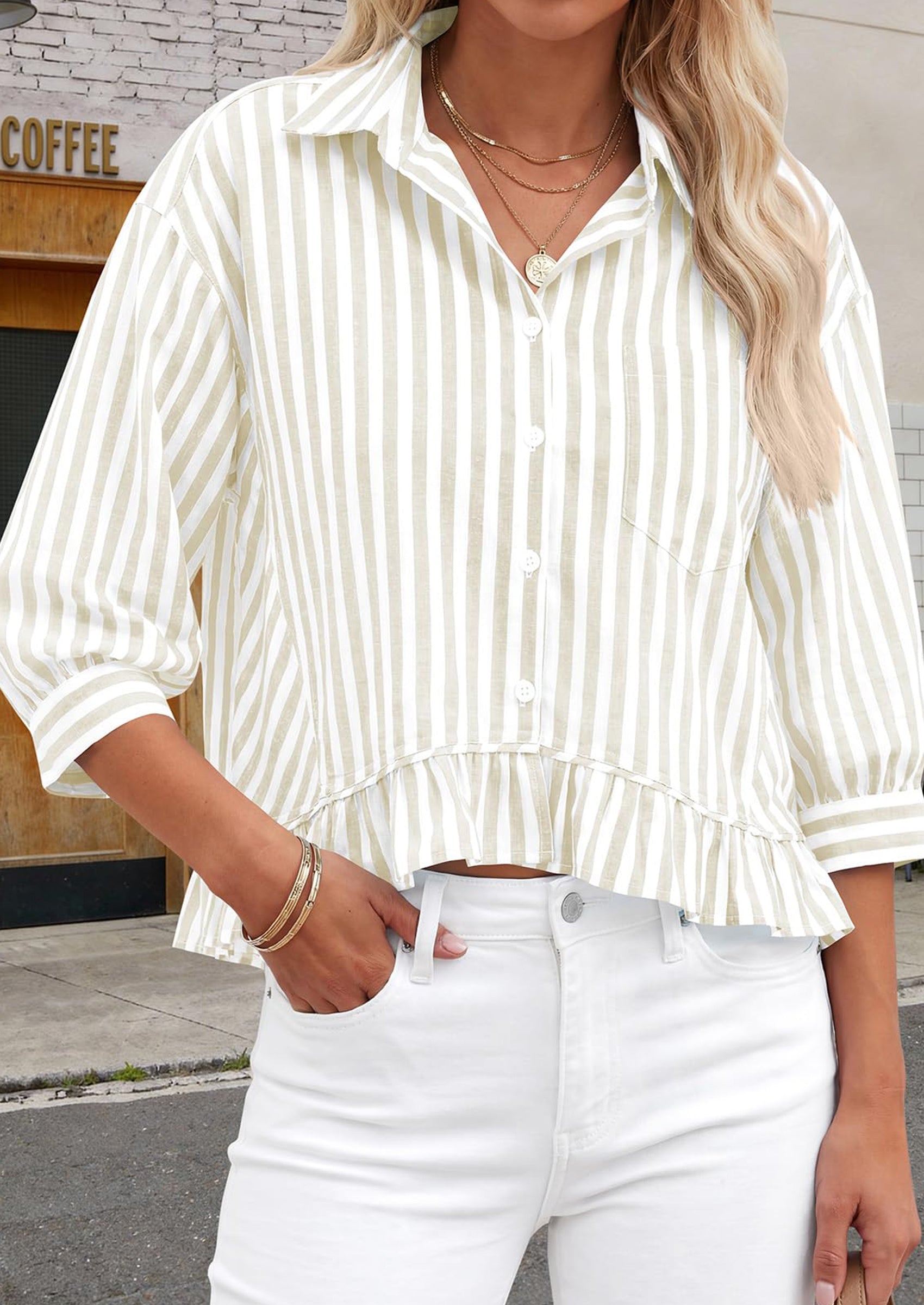 PRETTYGARDEN Collared V Neck 3/4 Length Sleeve Womens Tops Casual Striped Ruffle Button Down Shirts for Women Trendy Blouses PRETTYGARDEN