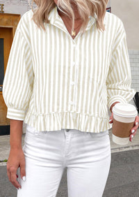 PRETTYGARDEN Collared V Neck 3/4 Length Sleeve Womens Tops Casual Striped Ruffle Button Down Shirts for Women Trendy Blouses PRETTYGARDEN