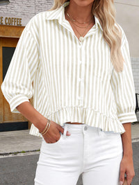 PRETTYGARDEN Collared V Neck 3/4 Length Sleeve Womens Tops Casual Striped Ruffle Button Down Shirts for Women Trendy Blouses PRETTYGARDEN