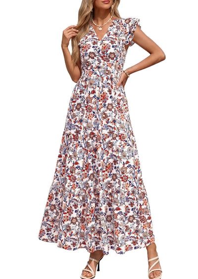 PRETTYGARDEN Womens Summer Maxi Dresses Casual V Neck Ruffle Sleeve Wrap V Neck Floral A Line Flowy Beach Boho Dress PRETTYGARDEN