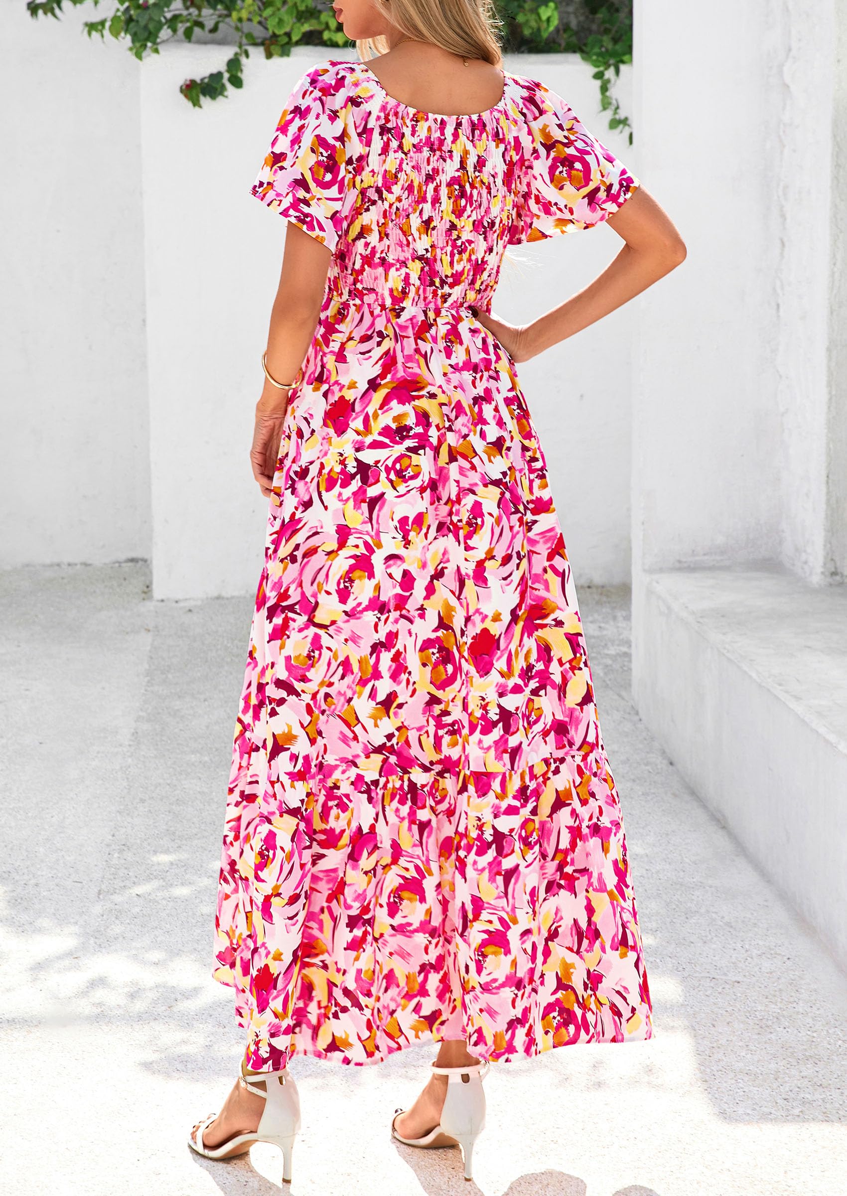 PRETTYGARDEN Women Floral Boho Maxi Dresses Short Sleeve V Neck Smocked A Line Long Flowy Beach Vacation Dress