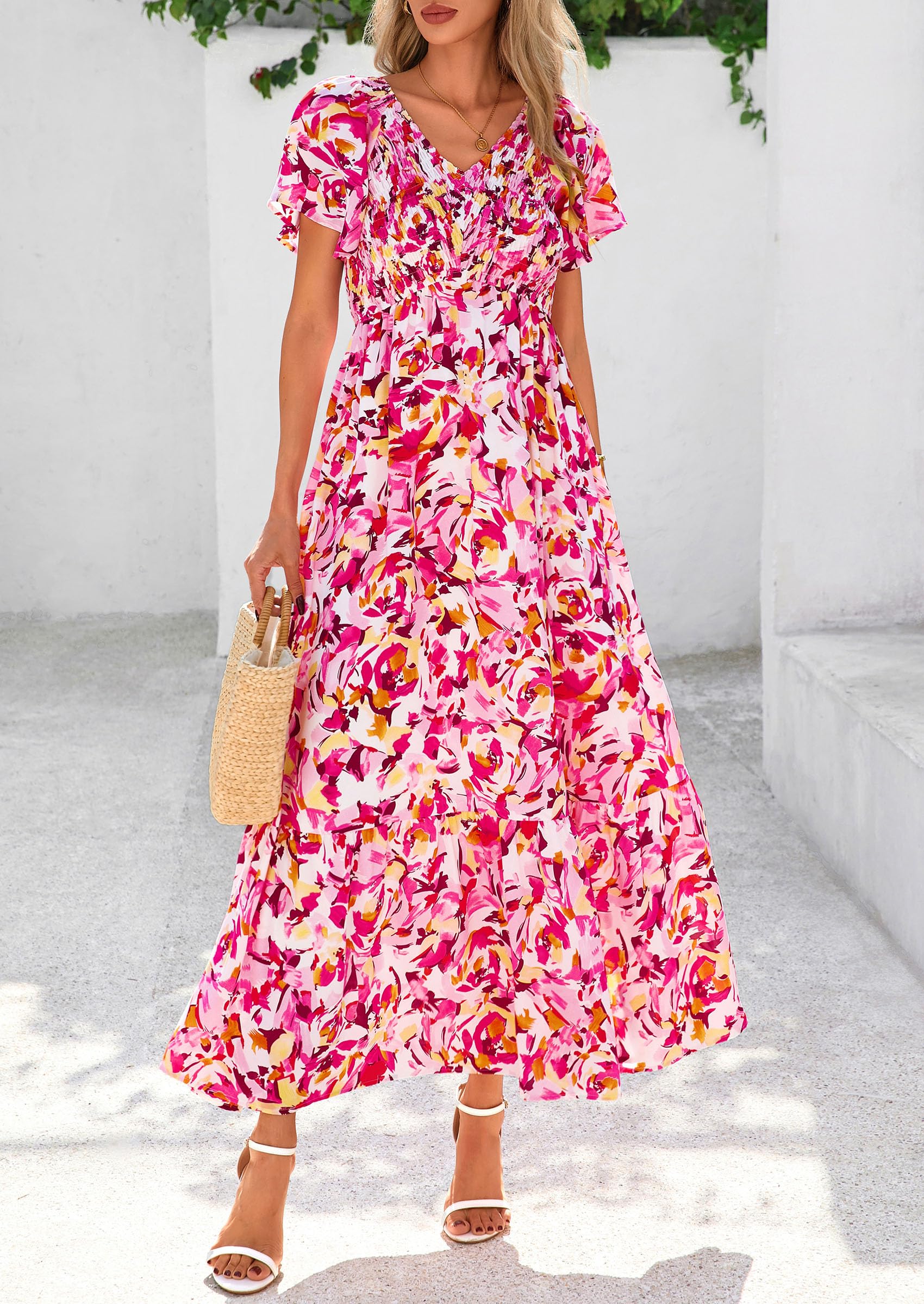 PRETTYGARDEN Women Floral Boho Maxi Dresses Short Sleeve V Neck Smocked A Line Long Flowy Beach Vacation Dress