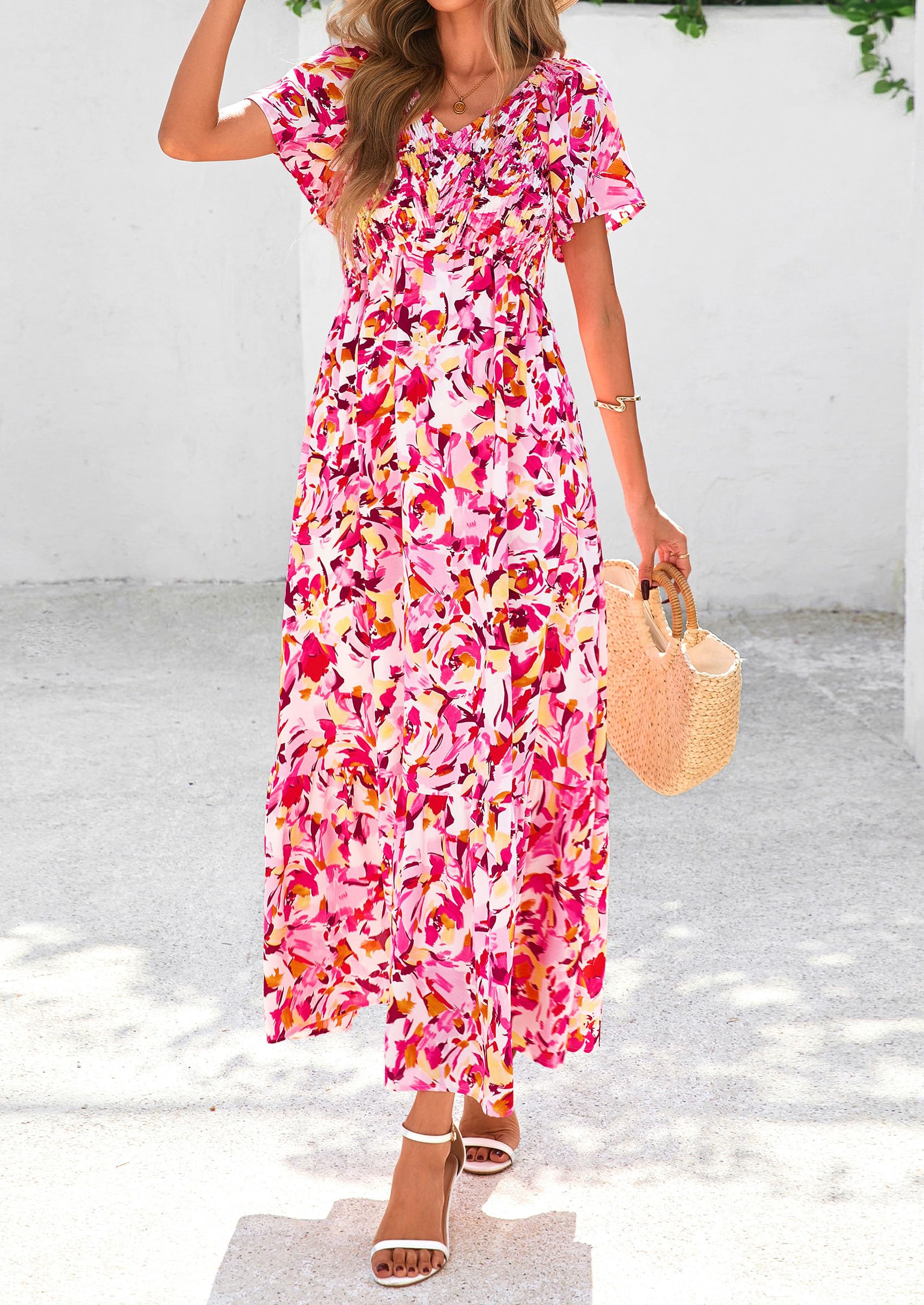 PRETTYGARDEN Women Floral Boho Maxi Dresses Short Sleeve V Neck Smocked A Line Long Flowy Beach Vacation Dress