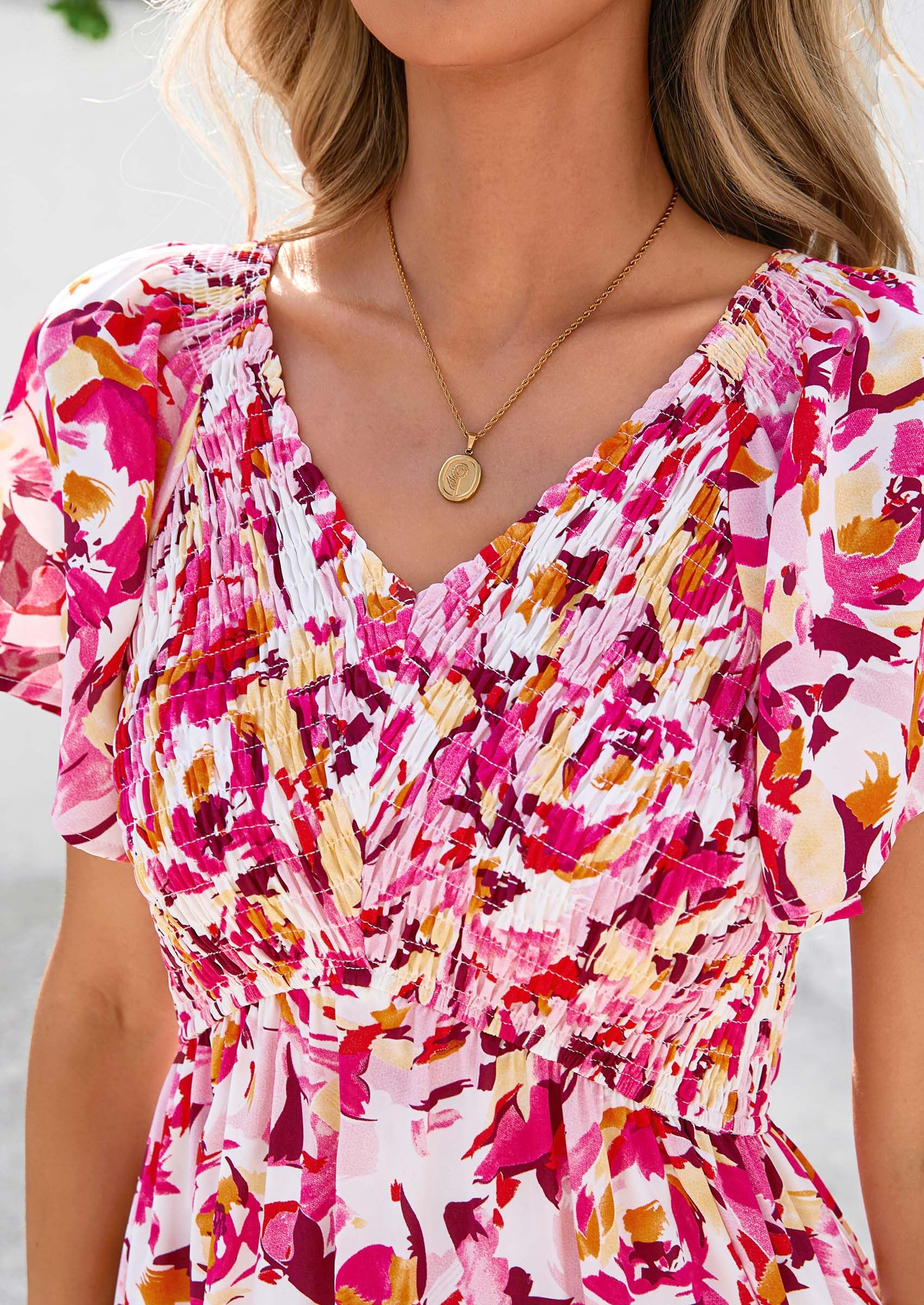 PRETTYGARDEN Women Floral Boho Maxi Dresses Short Sleeve V Neck Smocked A Line Long Flowy Beach Vacation Dress