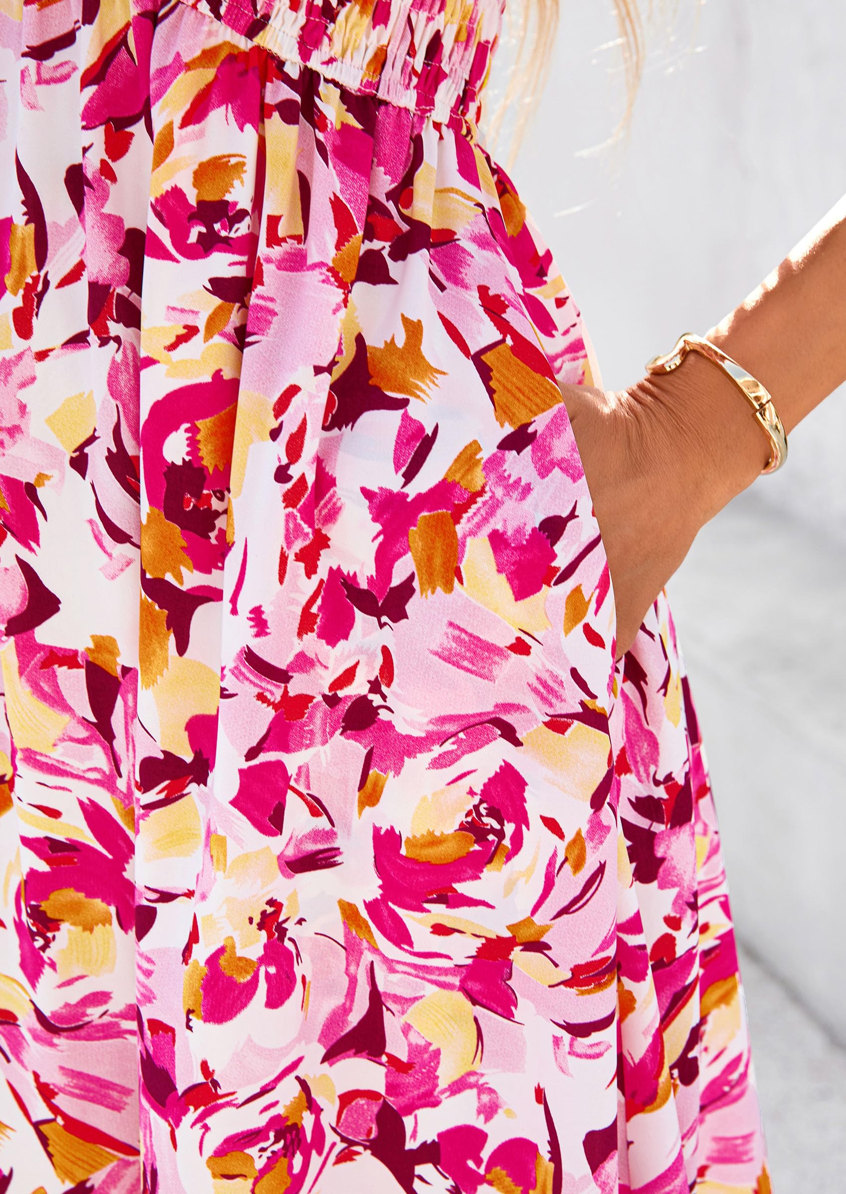 PRETTYGARDEN Women Floral Boho Maxi Dresses Short Sleeve V Neck Smocked A Line Long Flowy Beach Vacation Dress