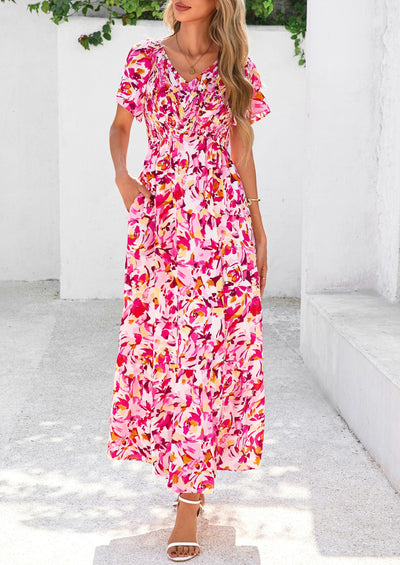 PRETTYGARDEN Women Floral Boho Maxi Dresses Short Sleeve V Neck Smocked A Line Long Flowy Beach Vacation Dress