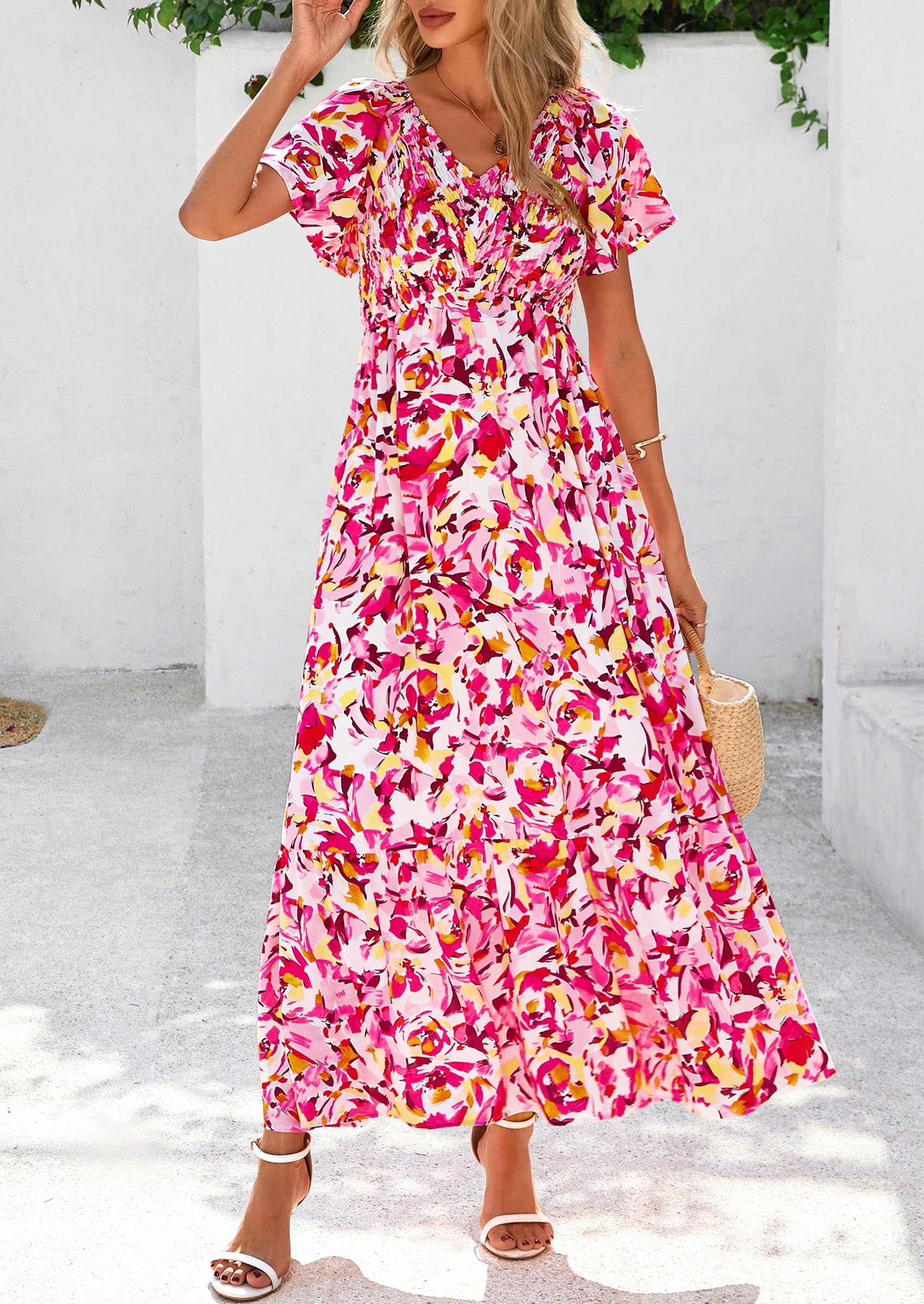 PRETTYGARDEN Women Floral Boho Maxi Dresses Short Sleeve V Neck Smocked A Line Long Flowy Beach Vacation Dress