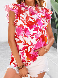 PRETTYGARDEN Women's Ruffle Short Sleeve Summer Tops Trendy Floral Trim Neck Casual Dressy Chiffon Boho Blouses Shirts PRETTYGARDEN