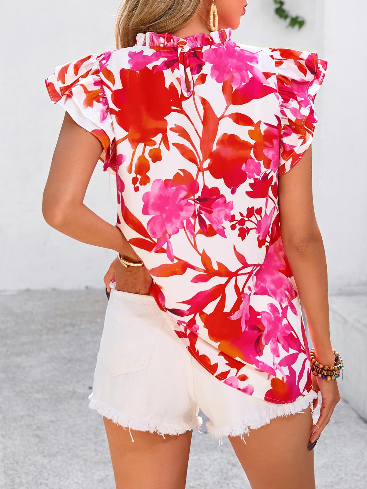 PRETTYGARDEN Women's Ruffle Short Sleeve Summer Tops Trendy Floral Trim Neck Casual Dressy Chiffon Boho Blouses Shirts PRETTYGARDEN