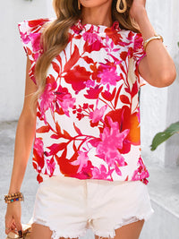 PRETTYGARDEN Women's Ruffle Short Sleeve Summer Tops Trendy Floral Trim Neck Casual Dressy Chiffon Boho Blouses Shirts PRETTYGARDEN