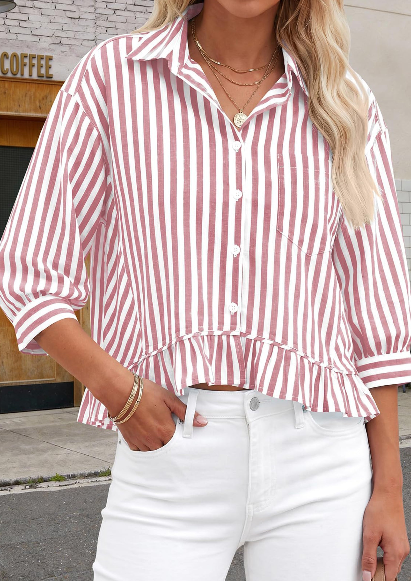 PRETTYGARDEN Collared V Neck 3/4 Length Sleeve Womens Tops Casual Striped Ruffle Button Down Shirts for Women Trendy Blouses PRETTYGARDEN