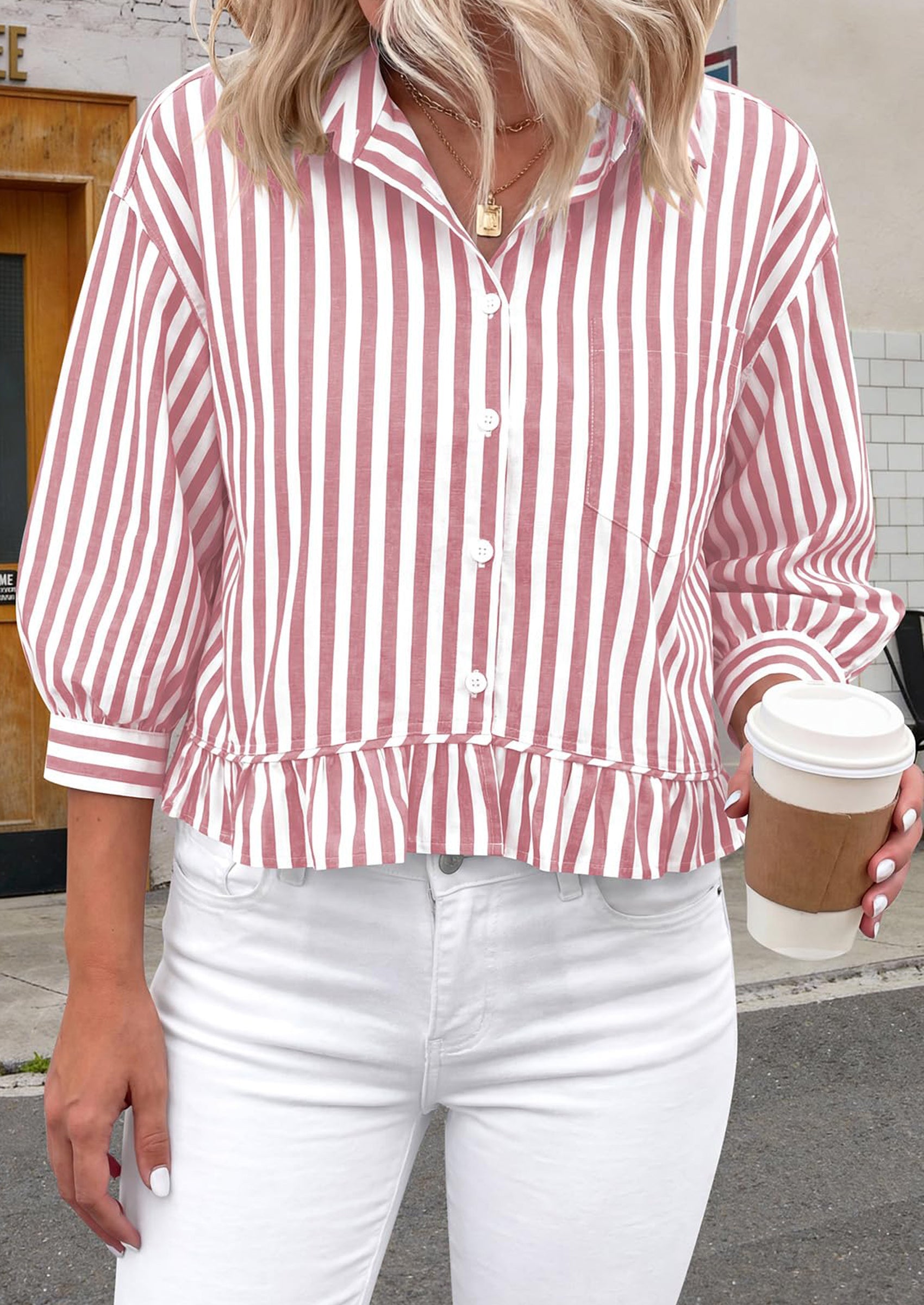 PRETTYGARDEN Collared V Neck 3/4 Length Sleeve Womens Tops Casual Striped Ruffle Button Down Shirts for Women Trendy Blouses PRETTYGARDEN