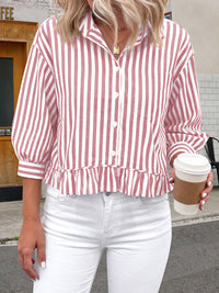 PRETTYGARDEN Collared V Neck 3/4 Length Sleeve Womens Tops Casual Striped Ruffle Button Down Shirts for Women Trendy Blouses PRETTYGARDEN