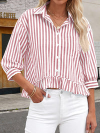 PRETTYGARDEN Collared V Neck 3/4 Length Sleeve Womens Tops Casual Striped Ruffle Button Down Shirts for Women Trendy Blouses PRETTYGARDEN