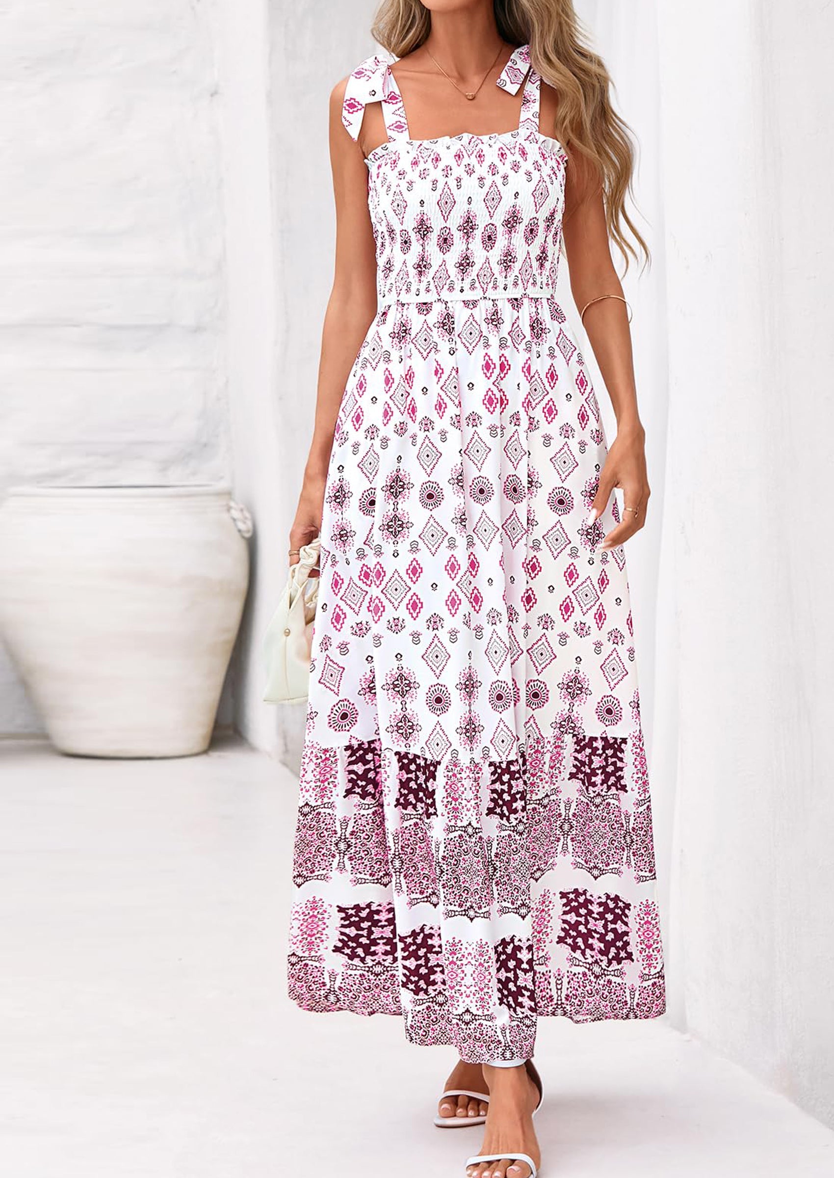 PRETTYGARDEN Women's Summer Maxi Dress Tie Straps Floral Beach Vacation Long Dresses Smocked Boho Sundress with Pockets PRETTYGARDEN