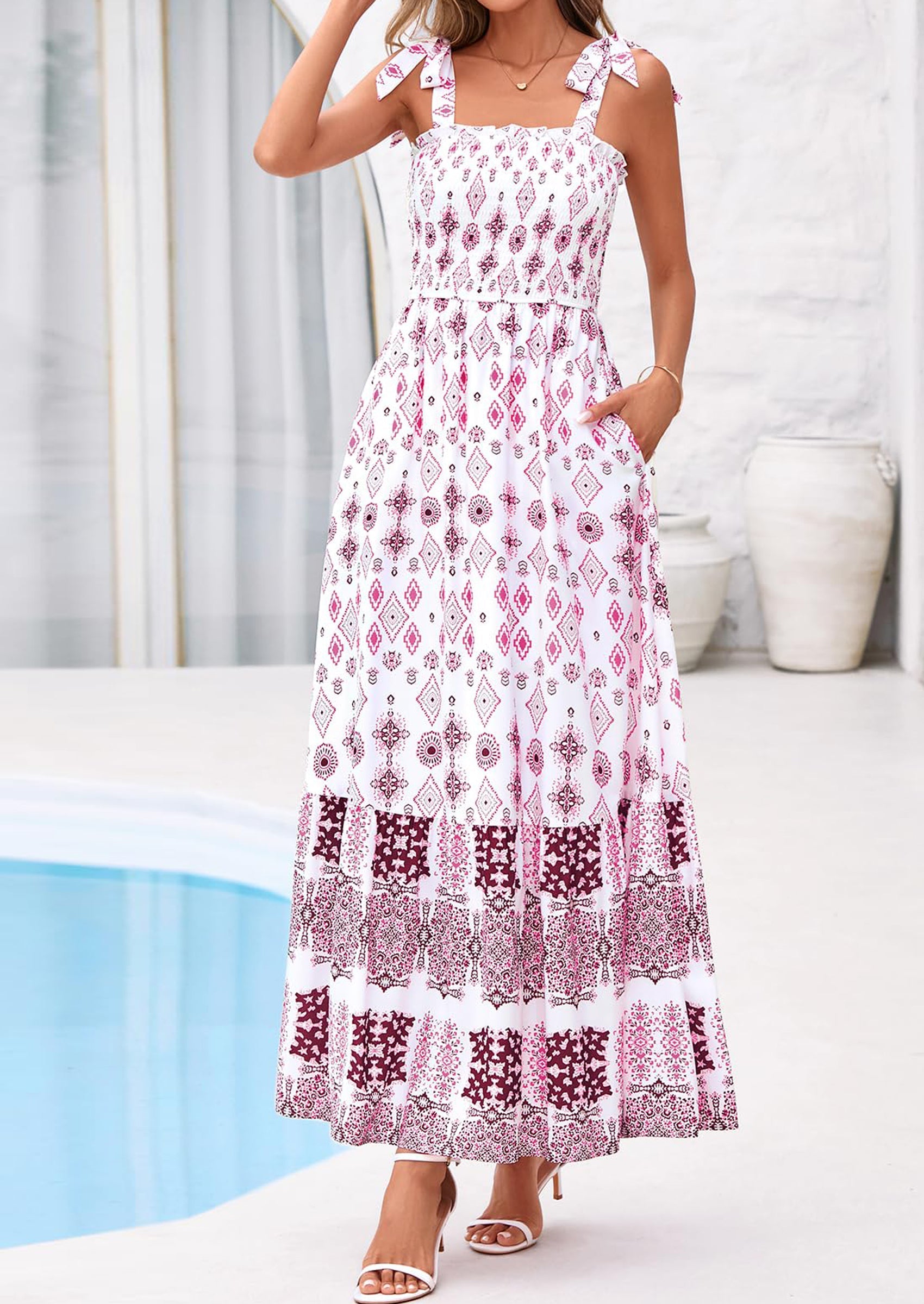 PRETTYGARDEN Women's Summer Maxi Dress Tie Straps Floral Beach Vacation Long Dresses Smocked Boho Sundress with Pockets PRETTYGARDEN