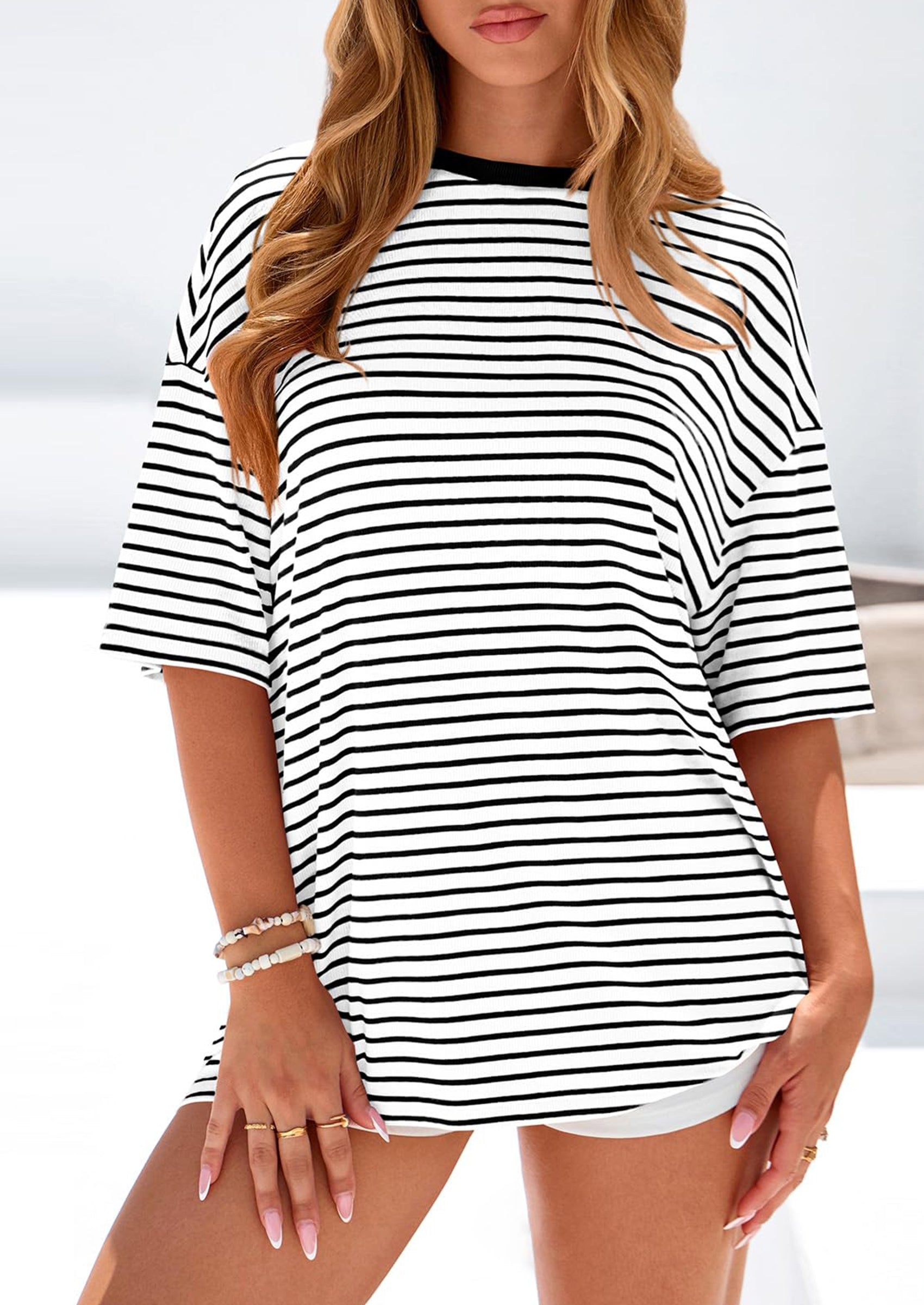 PRETTYGARDEN Womens Oversied Cute Tops Casual Striped Short Sleeve Shirt Women Trendy Spring Fashion Basic Tees Blouse PRETTYGARDEN