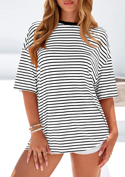 PRETTYGARDEN Womens Oversied Cute Tops Casual Striped Short Sleeve Shirt Women Trendy Spring Fashion Basic Tees Blouse PRETTYGARDEN