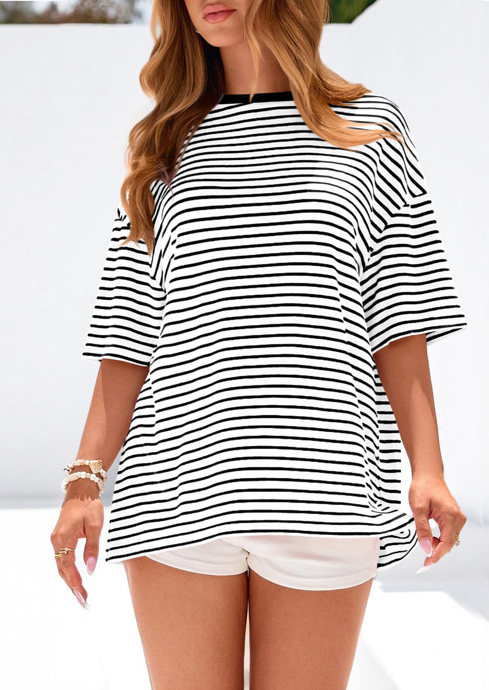 PRETTYGARDEN Womens Oversied Cute Tops Casual Striped Short Sleeve Shirt Women Trendy Spring Fashion Basic Tees Blouse PRETTYGARDEN