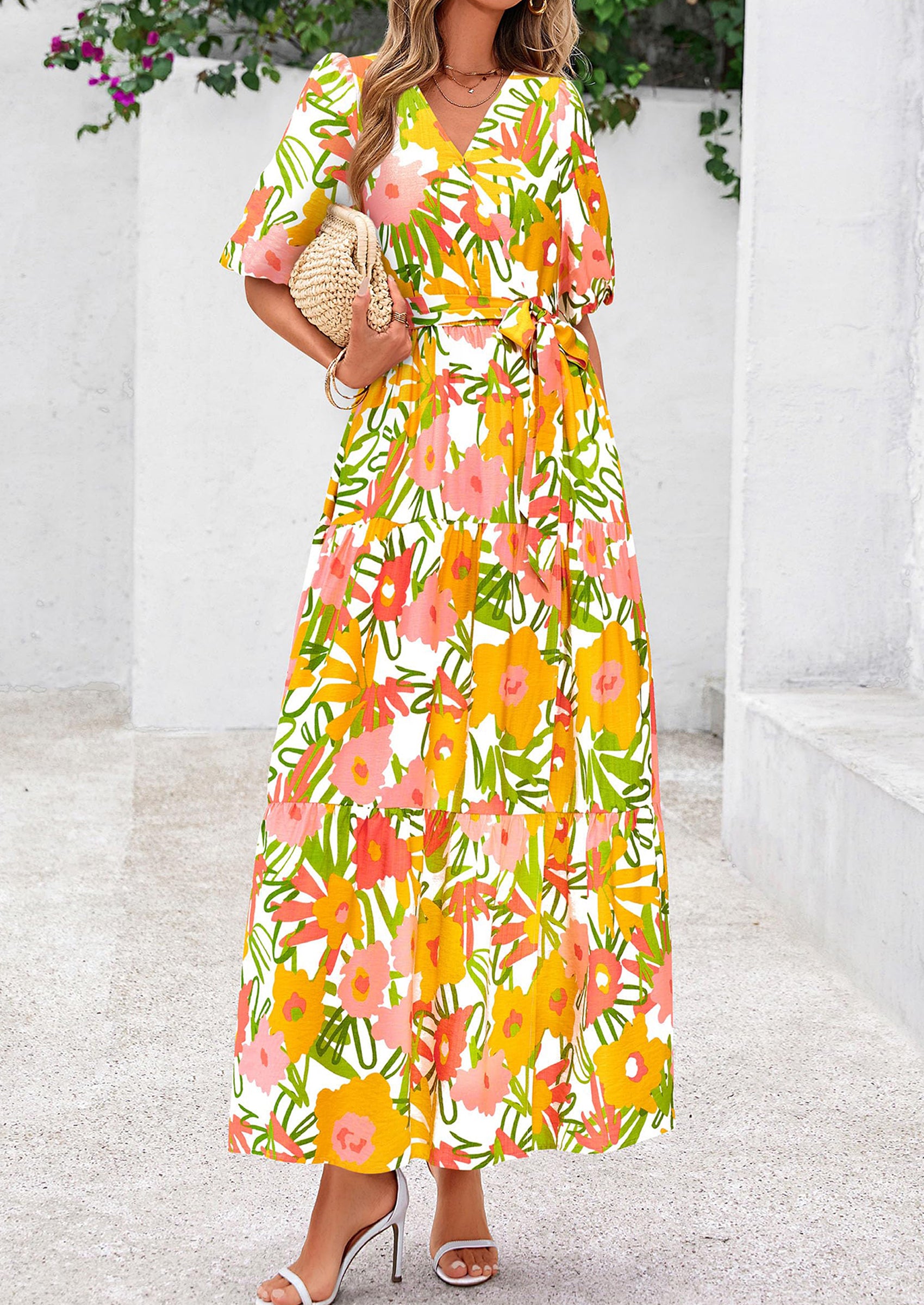 PRETTYGARDEN Women's Maxi Dress Resort Wear Boho Floral V Neck Puff Short Sleeve Ruffle Flowy Beach Long Dresses