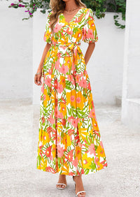 PRETTYGARDEN Women's Maxi Dress Resort Wear Boho Floral V Neck Puff Short Sleeve Ruffle Flowy Beach Long Dresses