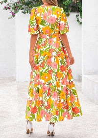 PRETTYGARDEN Women's Maxi Dress Resort Wear Boho Floral V Neck Puff Short Sleeve Ruffle Flowy Beach Long Dresses