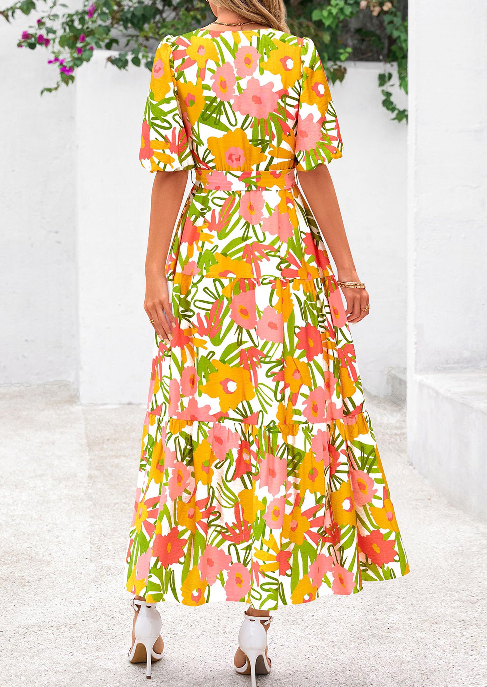 PRETTYGARDEN Women's Maxi Dress Resort Wear Boho Floral V Neck Puff Short Sleeve Ruffle Flowy Beach Long Dresses