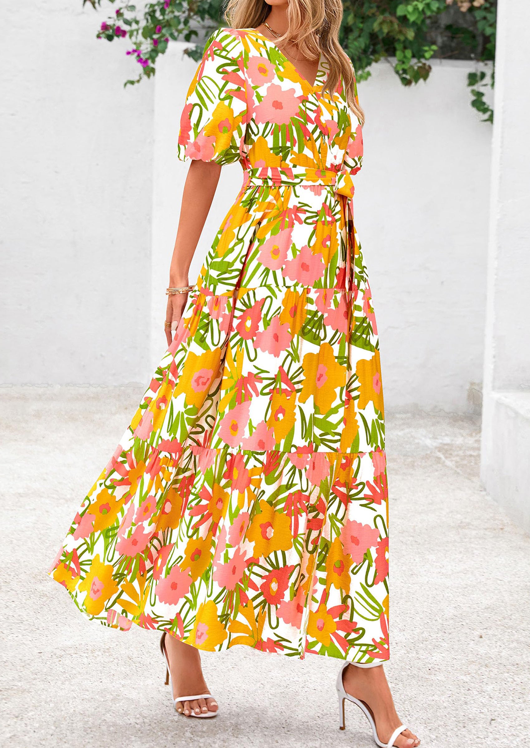 PRETTYGARDEN Women's Maxi Dress Resort Wear Boho Floral V Neck Puff Short Sleeve Ruffle Flowy Beach Long Dresses