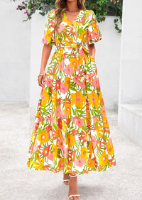 PRETTYGARDEN Women's Maxi Dress Resort Wear Boho Floral V Neck Puff Short Sleeve Ruffle Flowy Beach Long Dresses