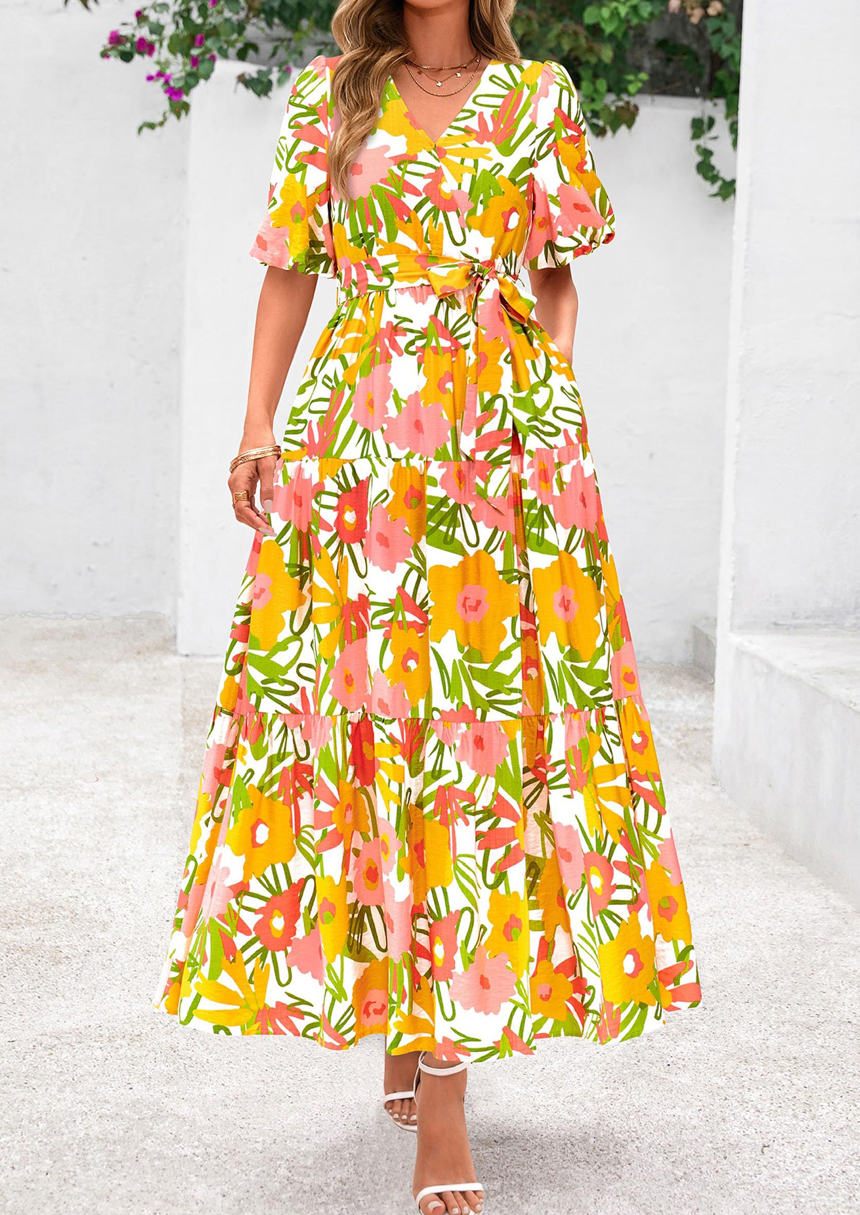 PRETTYGARDEN Women's Maxi Dress Resort Wear Boho Floral V Neck Puff Short Sleeve Ruffle Flowy Beach Long Dresses