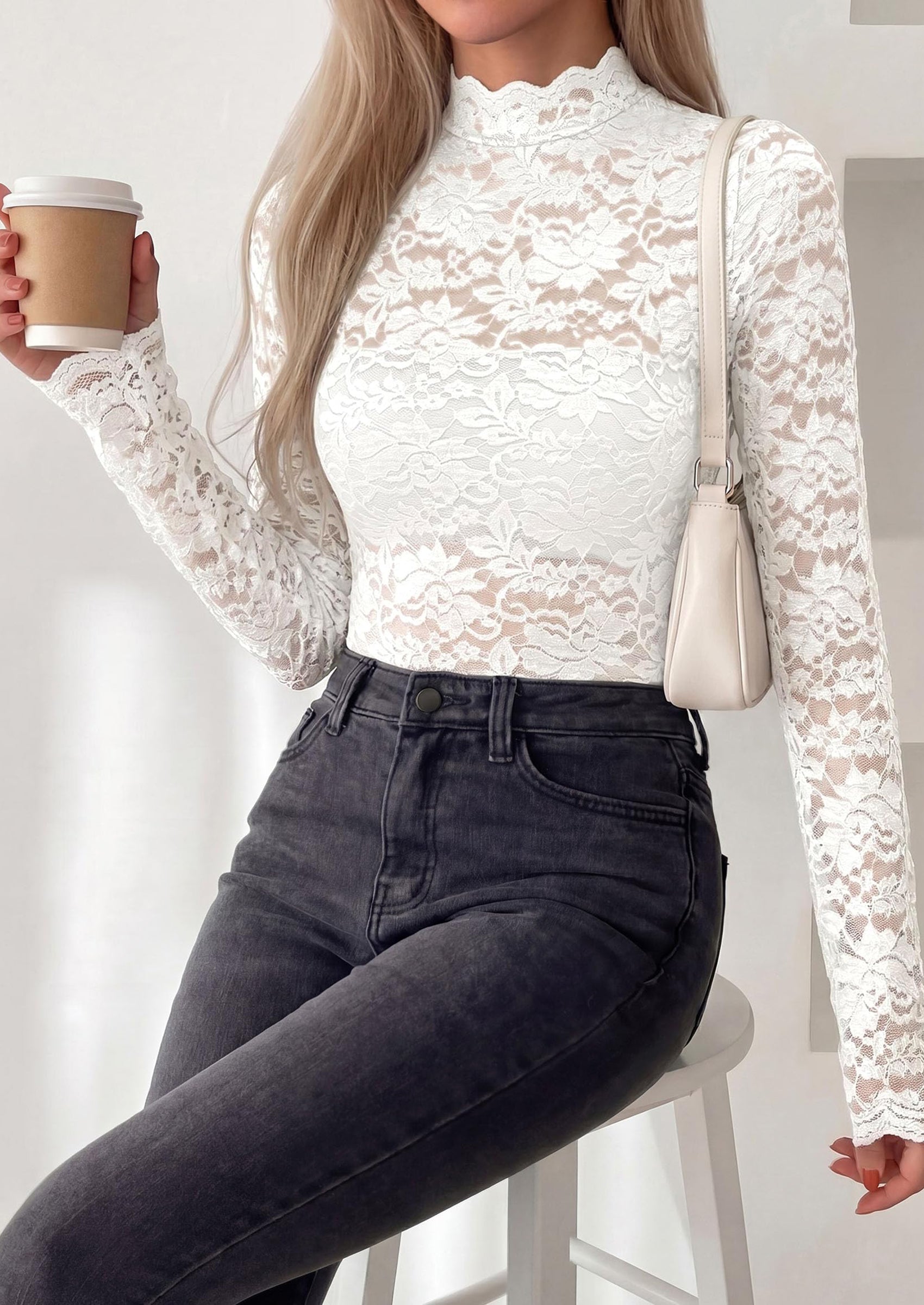 PRETTYGARDEN Womens Lace Long Sleeve Top Mesh Sheer Blouses Mock Neck See Through Slim Fitted Tops Fall Fashion Clothes
