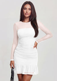 PRETTYGARDEN Women's Mesh Sheer Long Sleeve Ruched Bodycon Mini Dress Fall Cocktail Party Short Dresses with Ruffle Hem
