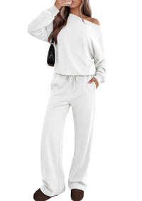 PRETTYGARDEN Womens 2 Piece Casual Matching Lounge Sets  Fashion Off the Shoulder Sweatshirt, Wide Leg Pants with Pockets, Comfy Airport Travel Outfit, 2026 Trendy Fall Set