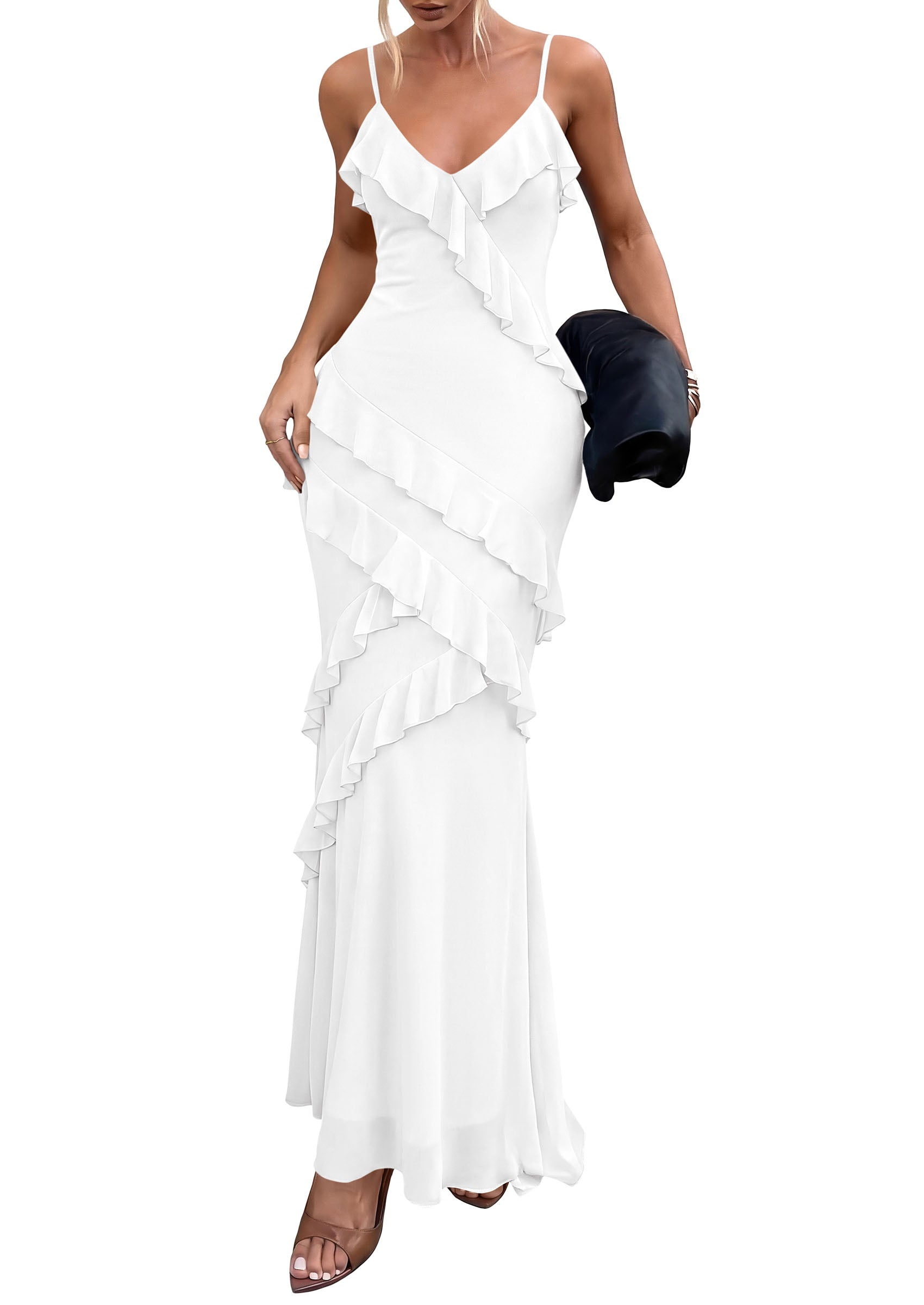 PRETTYGARDEN Women 2026 Wedding Guest Cocktail Maxi Dress Spaghetti Strap Sleeveless V Neck Bodycon Mesh Party Summer Outfits