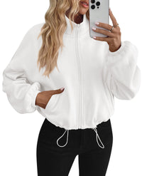 PRETTYGARDEN Womens Zip Up Fleece Cropped Sweatshirt Jacket | Oversized Loose Soft Stand Collar with Drawstring Hem, Long Sleeve Casual Coat With Pockets, Fall Outfits Winter Clothing