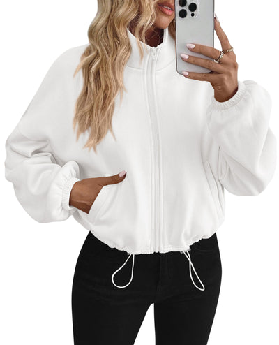 PRETTYGARDEN Womens Zip Up Fleece Cropped Sweatshirt Jacket | Oversized Loose Soft Stand Collar with Drawstring Hem, Long Sleeve Casual Coat With Pockets, Fall Outfits Winter Clothing