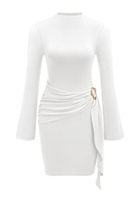 PRETTYGARDEN Women Long Sleeve Bodycon Ruched Mini Dress | Mock Neck Gold Buckle, Slim Fit, Weeding Guest Dress, Elegant Dressy Casual, Cocktail Party Date Night, Fall Winter Outfits