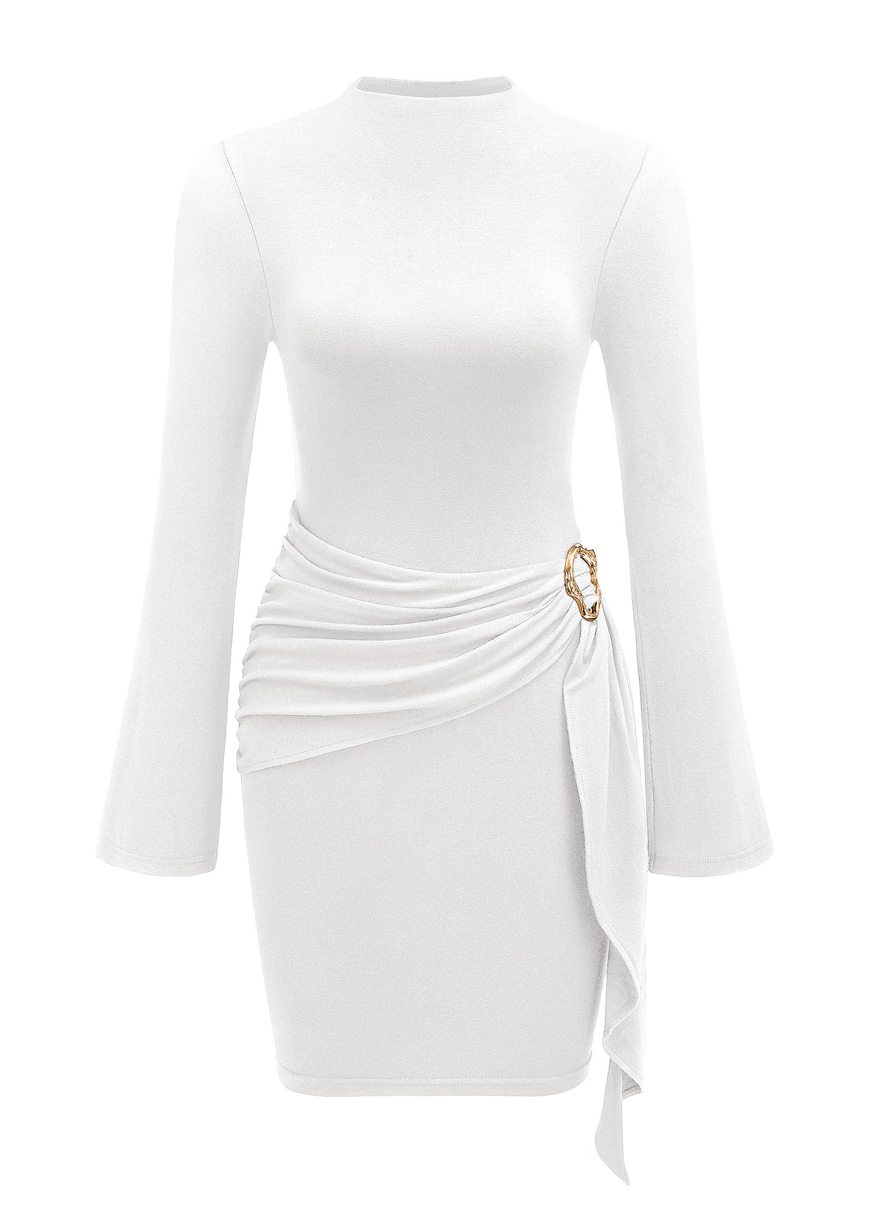 PRETTYGARDEN Women Long Sleeve Bodycon Ruched Mini Dress | Mock Neck Gold Buckle, Slim Fit, Weeding Guest Dress, Elegant Dressy Casual, Cocktail Party Date Night, Fall Winter Outfits