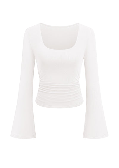 PRETTYGARDEN Womens Long Bell Sleeve Going Out Tops Fall Fashion 2026 Square Neck Ruched Ribbed Shirts Winter Y2K Clothes