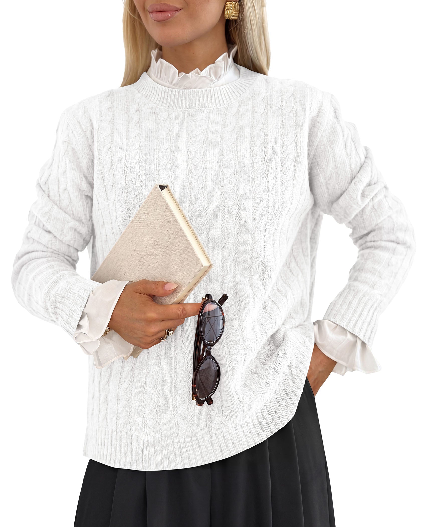 PRETTYGARDEN Women's Cable Knit Sweaters Long Sleeve Pullover Fall Outfits  Soft Cozy Knit Tops, Ribbed Crewneck Regular Fit, Basic Daily, Work Business Casual, Teacher Outfits, Winter Layer Clothing