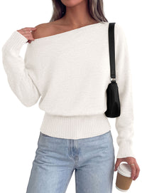 PRETTYGARDEN Womens Off The Shoulder Sweater Fall Fashion | Soft Stretchy Knit Fabric, Batwing Long Sleeve Cinched Waist Cropped Sweaters, Date Night Outfit, Asymmetrical Going Out Tops