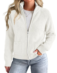 PRETTYGARDEN Womens Zip Up Cardigan Sweaters with Pockets Fall Jackets Stand Collar Long Sleeve Ribbed Knit Sweater, Chunky Loose Fit Open Front Short Cardigans, Fashion Winter Coats Outerwear