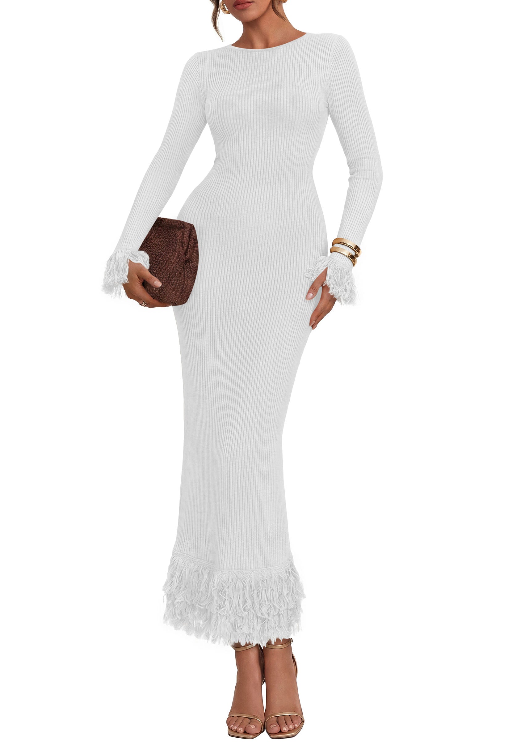 PRETTYGARDEN Womens Long Sleeve Bodycon Sweater Dress  Stretchy Ribbed Knit,Fringe Trim Cuffs & Hem,Slim Fit Crewneck,Date Night Outfits,Fall Winter Wedding Guest Cocktail Dresses