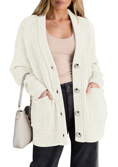 PRETTYGARDEN Oversized Cardigan Sweaters for Women Button Up | V Neck Long Cardigans, Chunky Ribbed Knit Loose Fit with Side Pockets, Casual Daily Office Outfits, Fall Winter Clothing