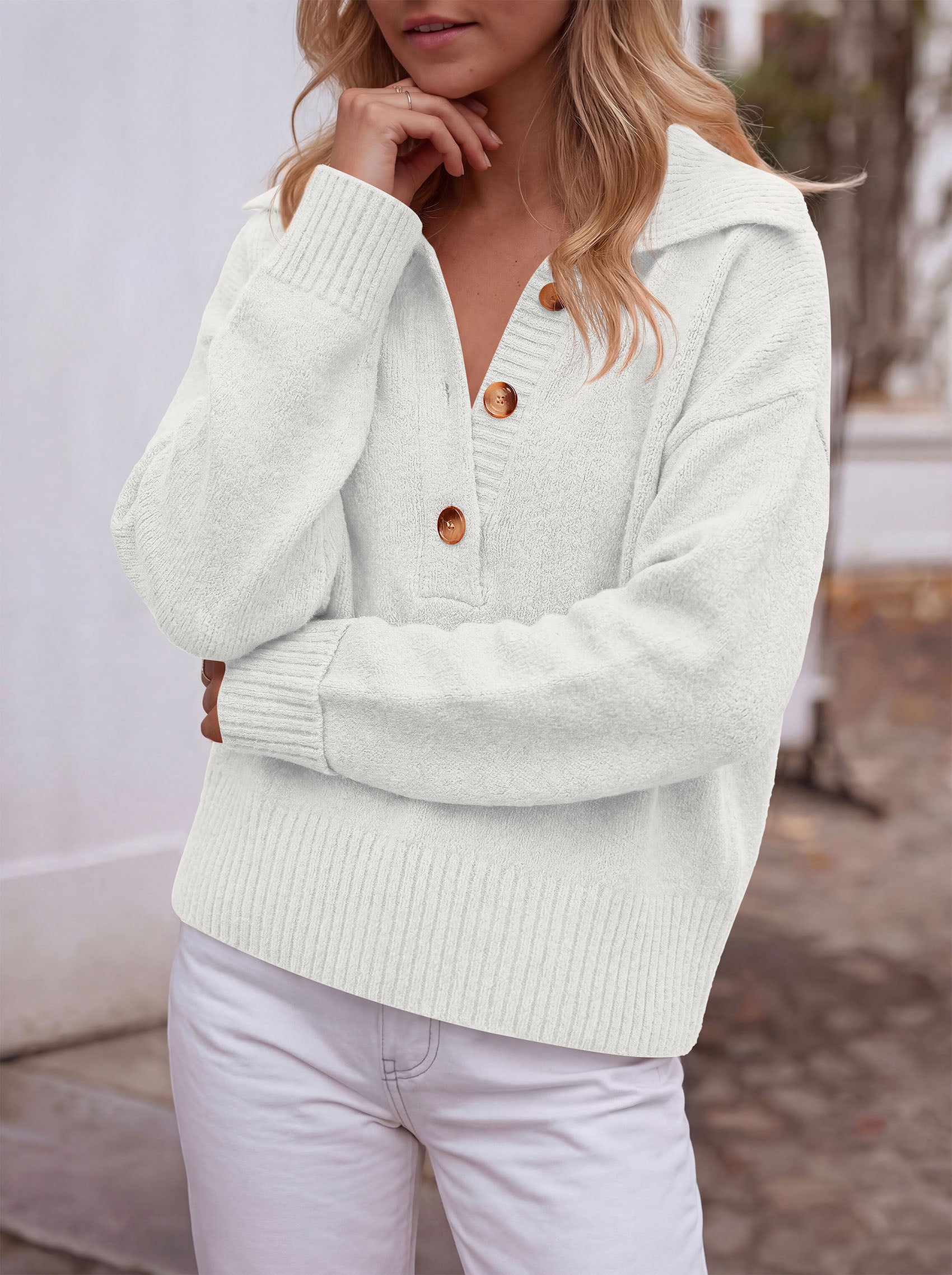 PRETTYGARDEN Womens Fall Long Sleeve Sweaters Button up V Neck Polo Shirts | Quarter Button Collared Tops, Ribbed Knit Comfy Shirts, Relaxed Fit Sweater Tops, Casual Fall Outfits for Women 2026