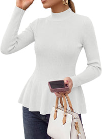 PRETTYGARDEN Womens Fall Mock Neck Long Sleeve Tops Badycon Peplum Sweaters						  Cozy Soft Knit Pullover,Ruffle Hem,Business Casual Work Outfits,2026 Trendy Fall Fashion Clothing,Winter Layering Clothes