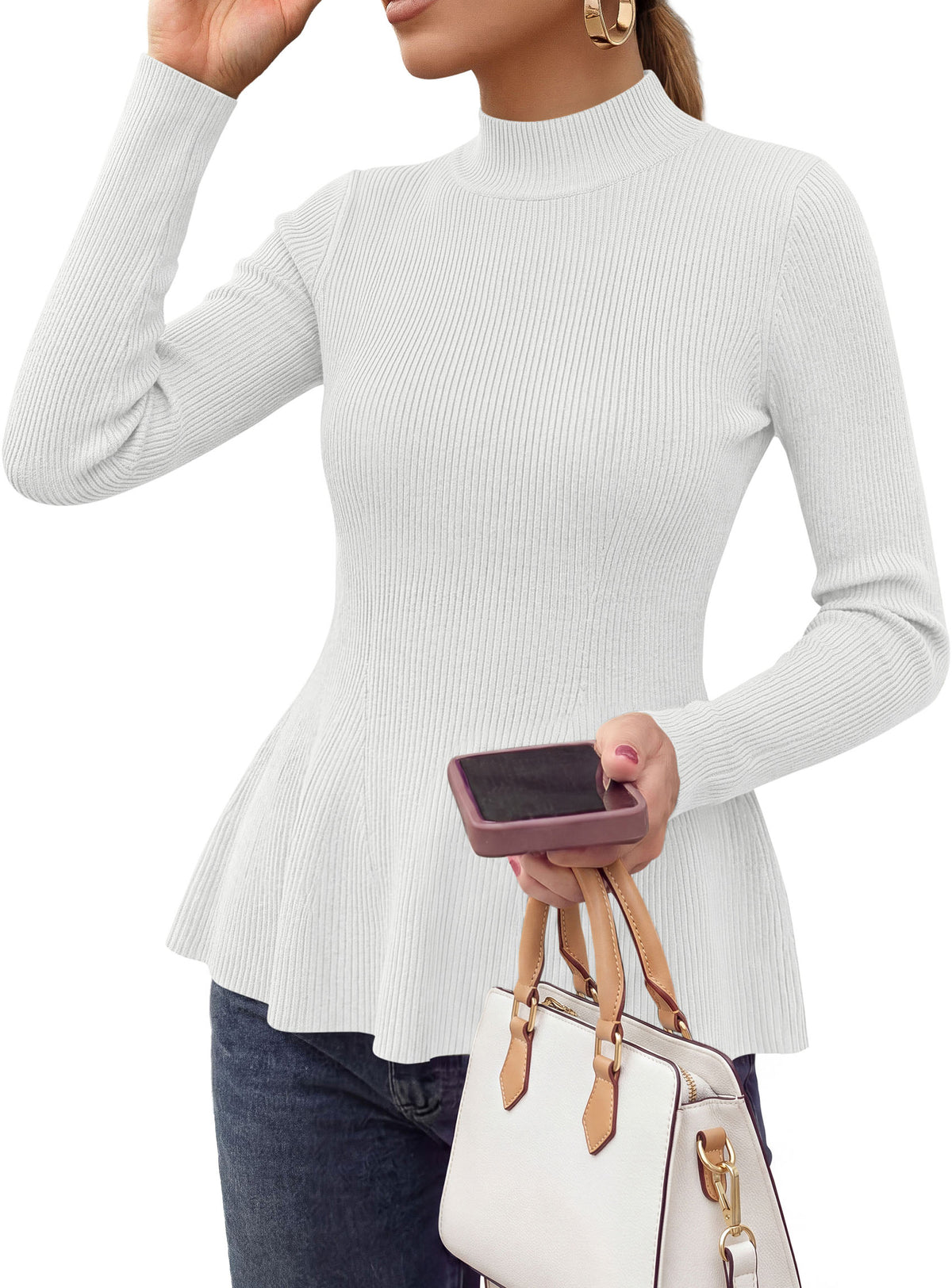 PRETTYGARDEN Womens Fall Mock Neck Long Sleeve Tops Badycon Peplum Sweaters						  Cozy Soft Knit Pullover,Ruffle Hem,Business Casual Work Outfits,2026 Trendy Fall Fashion Clothing,Winter Layering Clothes