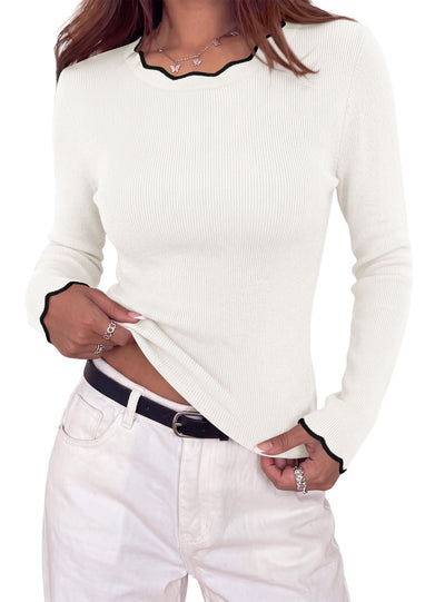 PRETTYGARDEN Women's Long Sleeve Ribbed Knit Pullover Sweaters | Contrast Trim, Going Out Tops, Soft Stretch Fabric, Slim Fitted, Scallop Edge, Casual Fall Outfits, Layering Winter Clothing